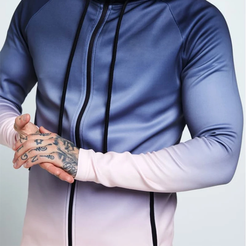 

Jacket Men Zipped Gradient Fitness Coat Hooded Jogging Sweatshirts Gyms Sportswear Jackets Hoodies Men