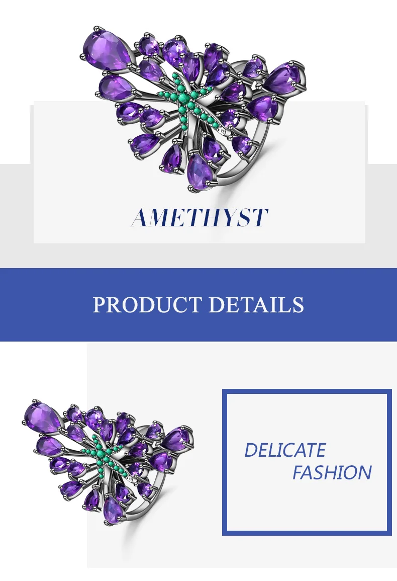 GEM'S BALLET 6.18Ct Натуральный Аметист Фиолетовый драгоценный камень коктейльное кольцо 925 пробы Серебряный Винтаж Готический зеленая звезда кольца для женщин