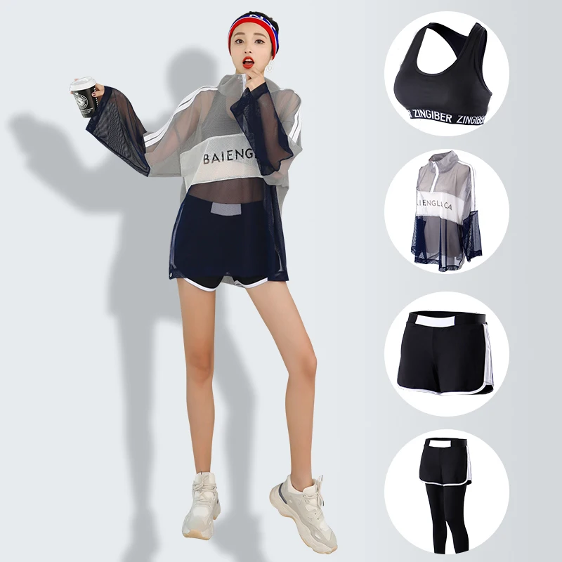 

Fitness Women Yoga Set 4 in 1 Set Yoga Bra & Yoga Pants & Shorts & T-Shirts Patchwork Gym Clothes Sport Wear Running Outdoor Jog
