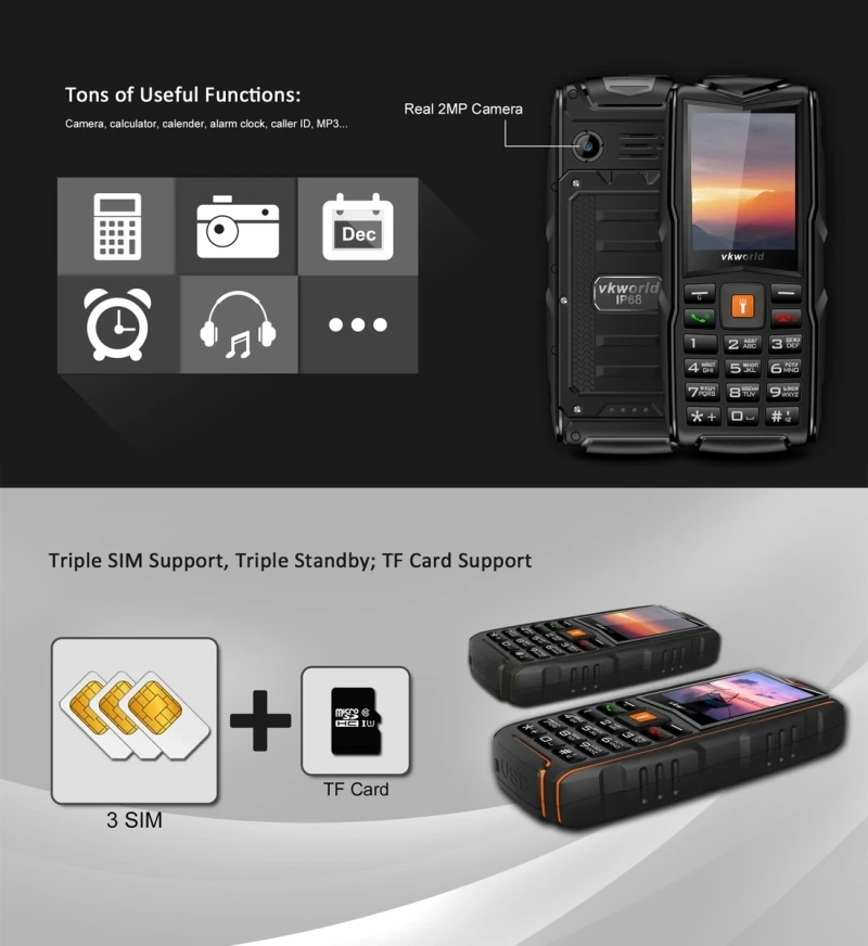 VKworld камень V3 тройной SIM тройной режим ожидания мобильный телефон русская клавиатура SC6531CA чипсет 21 ключ 2,4 дюймов 3000 мАч смартфон