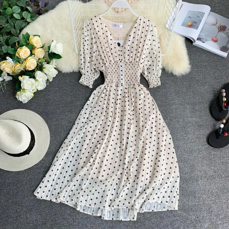 2019 новые модные женские платья французская ниша Ретро dot platycodon женское платье с v