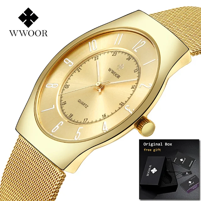 gold with box Мужские часы WWOOR Топ бренд класса люкс водонепроницаемые ультра тонкие часы мужские со стальным ремешком повседневные кварцевые часы мужские спортивные наручные часы - Цвет: gold with box