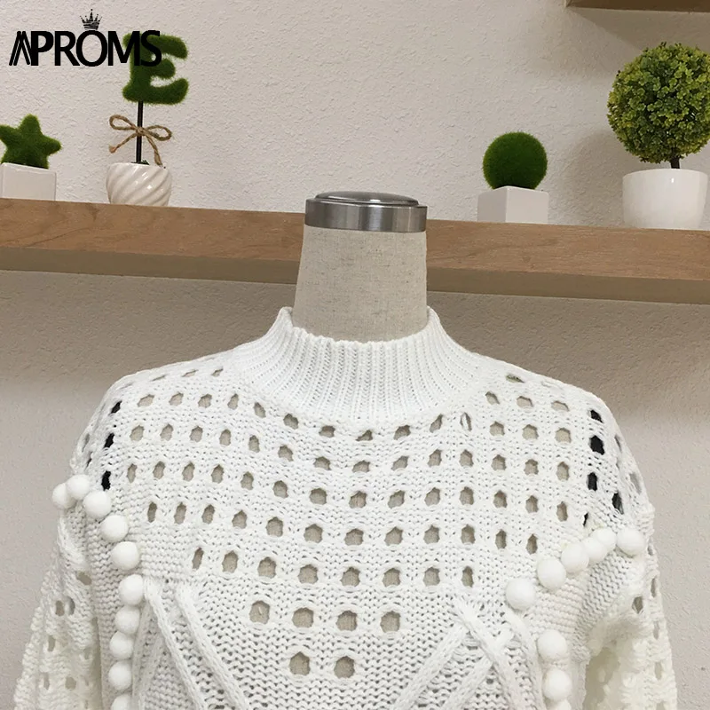 Chic White High Neck PomPom Ball Knitting Sweater Women Long Sleeve Cropped Autumn Winter Slim Pullover Jumper Top | Женская одежда
