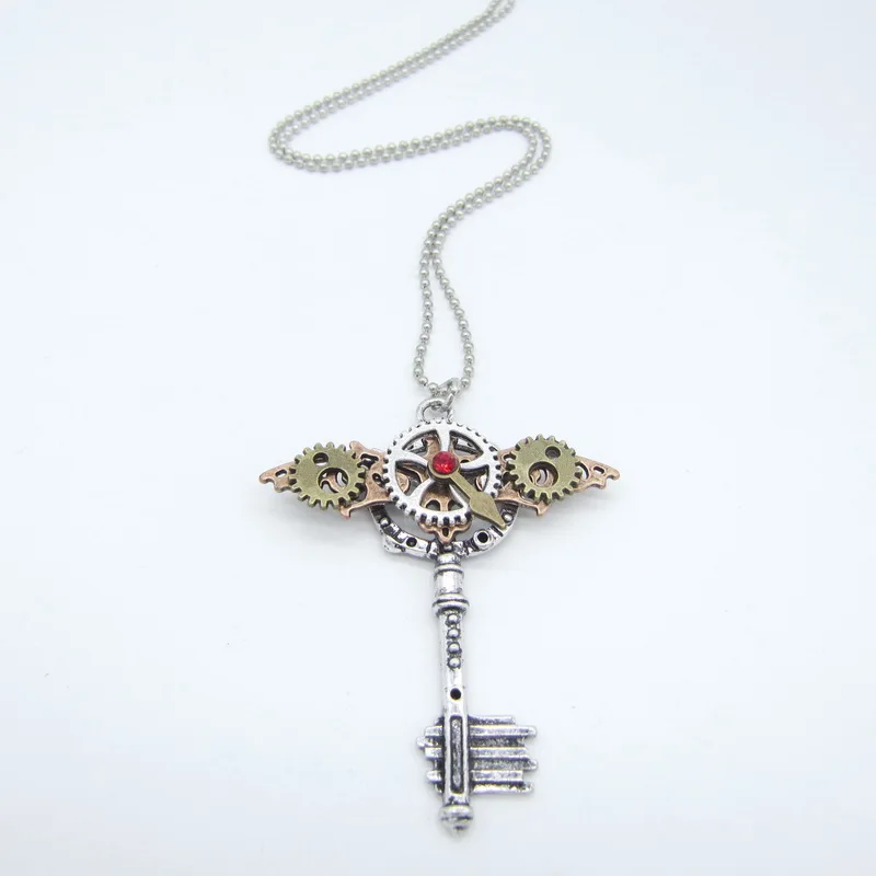 Punk Style Flying Copper Bat and Antique Silver Gears Vintage Key Pendant Steampunk Necklace | Украшения и аксессуары