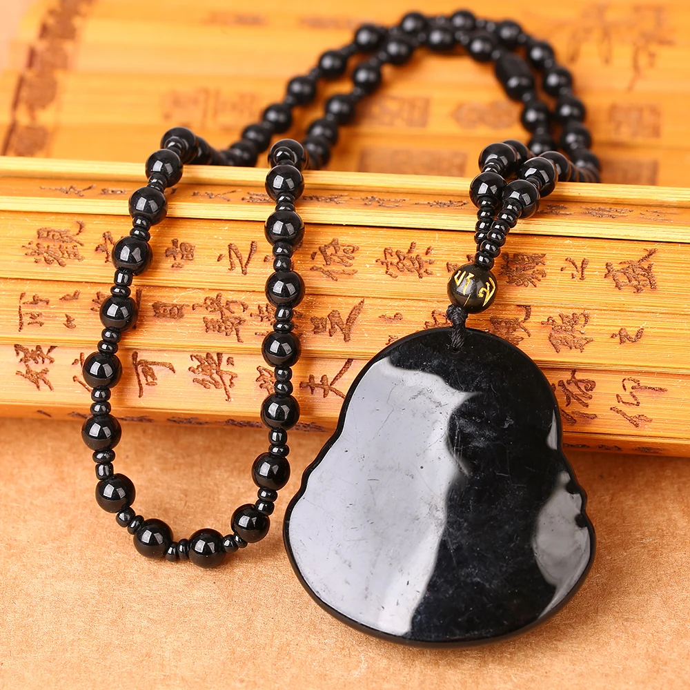 Черный обсидиановый волк ожерелье резьба голова Волка амулет кулон с цепью