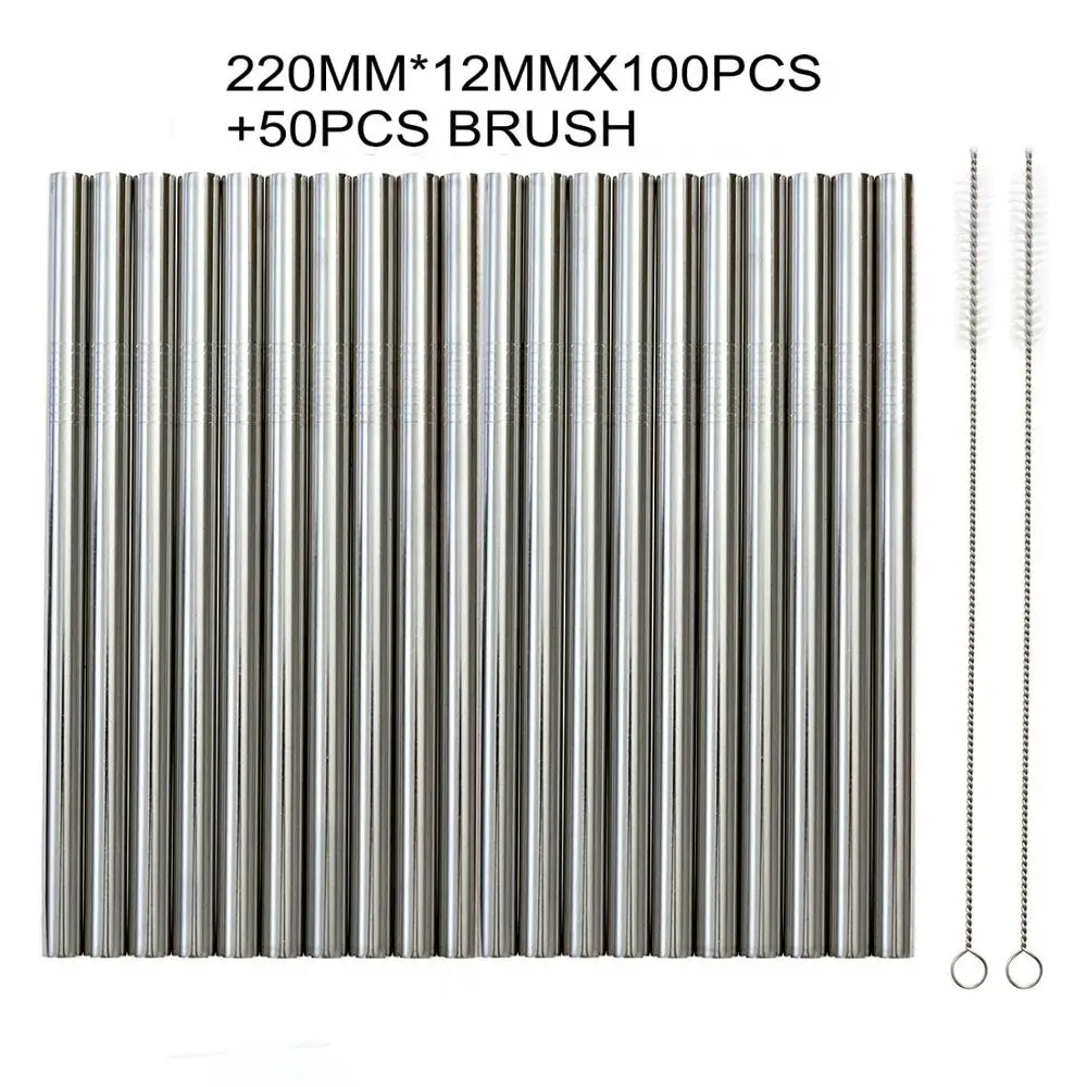 

220MM*12MM 100Pcs/Lot Extra Wide Reusable 304 Stainless Steel Drinking Straws Straight Reusable Metal Straw For Tapioca Pearls