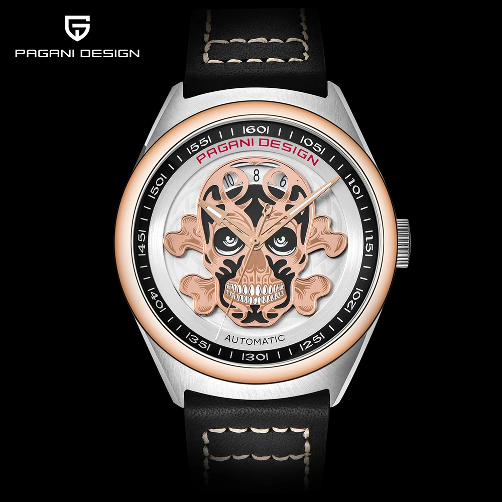 PAGANI DESIGN Brand Men's Classic 3D Skull Punk Style Mechanical Watches Waterproof 30M Genuine Leather Luxury Automatic Watch | Наручные