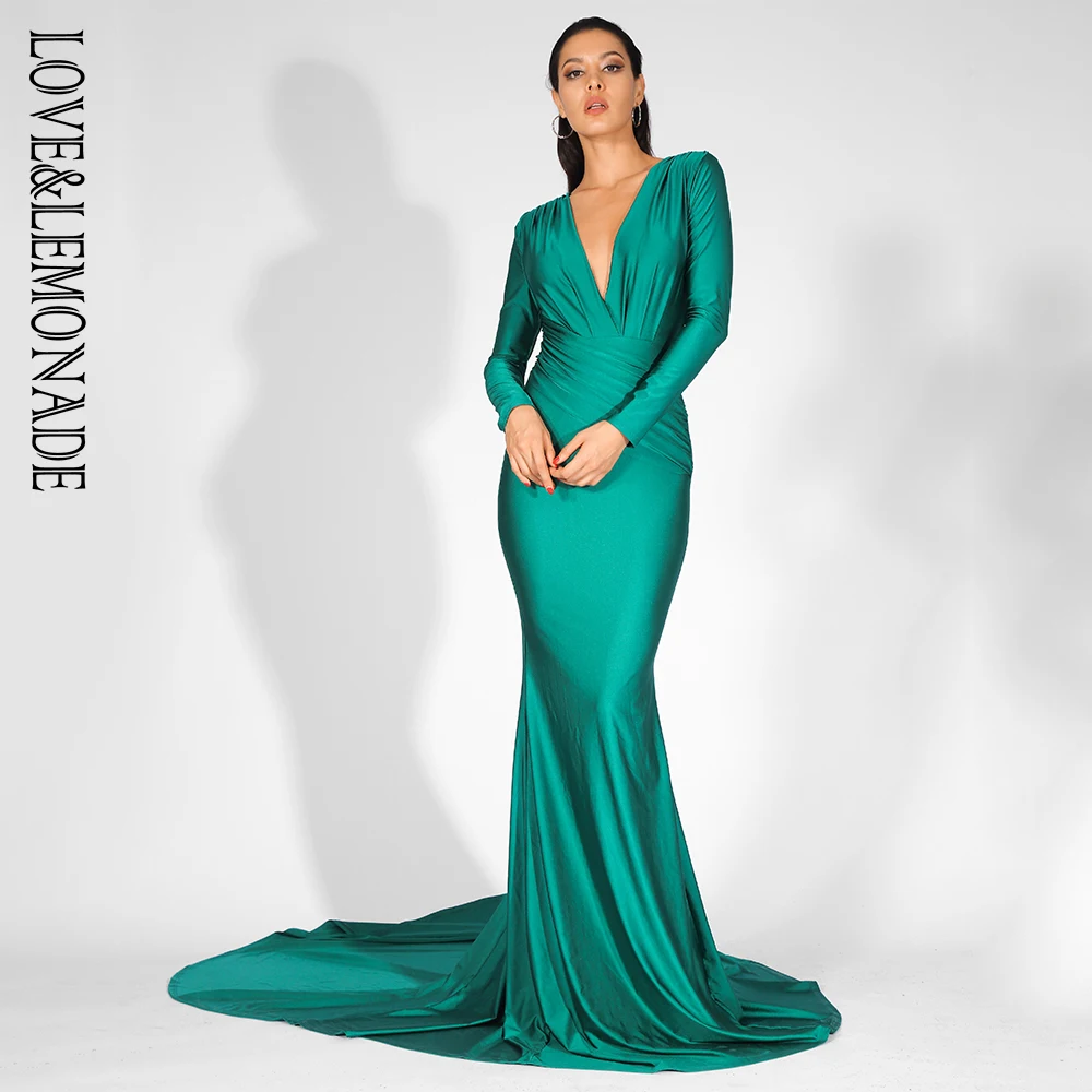 Женское облегающее платье LOVE & LEMONADE зеленое из эластичной ткани с глубоким V