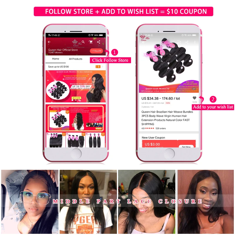 Queen Hair Official Store HD Lace Brazilian Virgin Hair Closure 4x4 Middle Part Straight Natural Color 1B HD Swiss Lace Closure (art.: 7a37f8772) - 7a37f8772