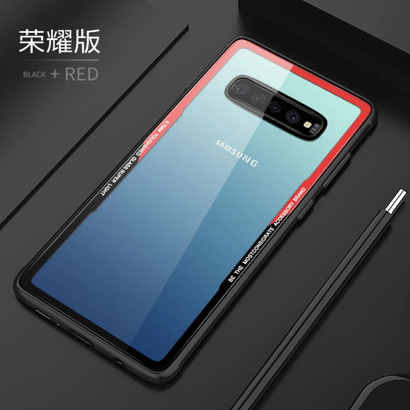 Black Red Чехол из закаленного стекла для samsung Galaxy S10 Plus S10E, прозрачная задняя крышка для samsung S10e, мягкий силиконовый бампер, чехол S10Plus - Цвет: Black Red