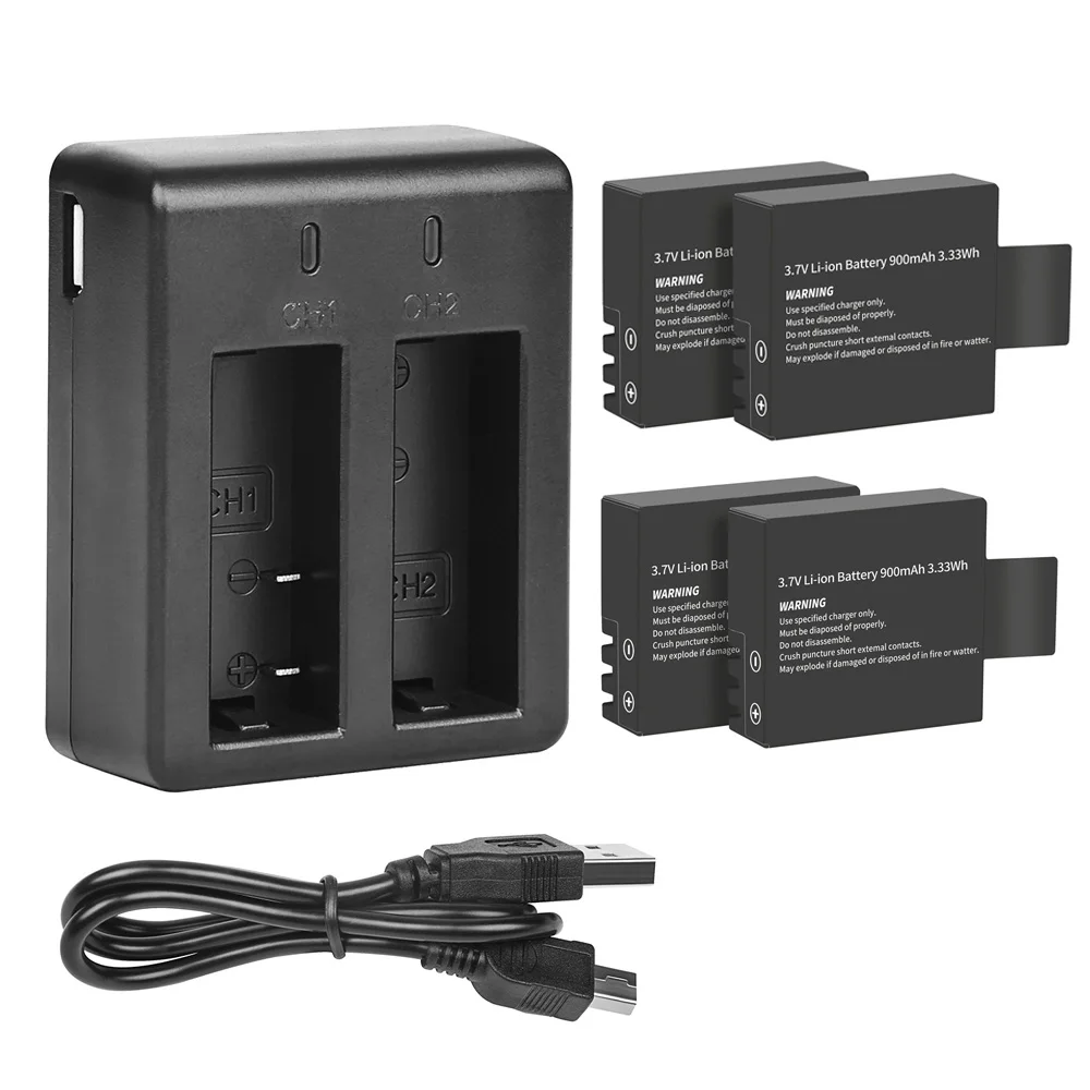 Four Batteries Set Зарядное устройство с двумя портами и аккумулятором 900 мАч для Sjcam Sj4000 Sj5000 M10 Sj 4000 5000 аксессуары для экшн-камеры Sjcam - Цвет: Four Batteries Set
