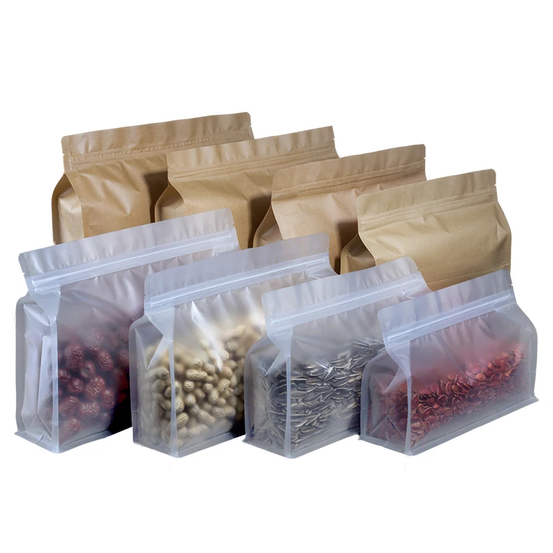 

4 Size 50pcs Stand Up Food Kraft Paper & Clear Zip Lock Bags Nut Zipper Storage Bag