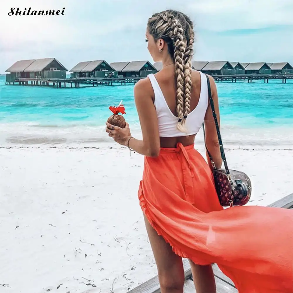 Summer Women Skirts Drawstring Waist Flouncing Maxi Skirt Solid Split Irregular Hem Holiday Beach Elegant Fladas | Женская одежда