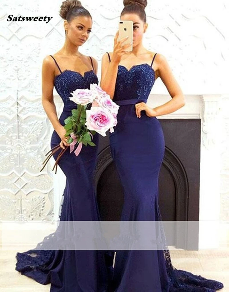 

Недорогие синие платья подружек невесты ниже 50, платья с юбкой-годе на бретелях-спагетти, кружевными бусинами для свадебной вечеринки, 2021