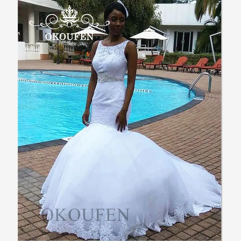 Романтический пышные Русалка свадебное платье с серебряными бусины талии 2019 Sheer