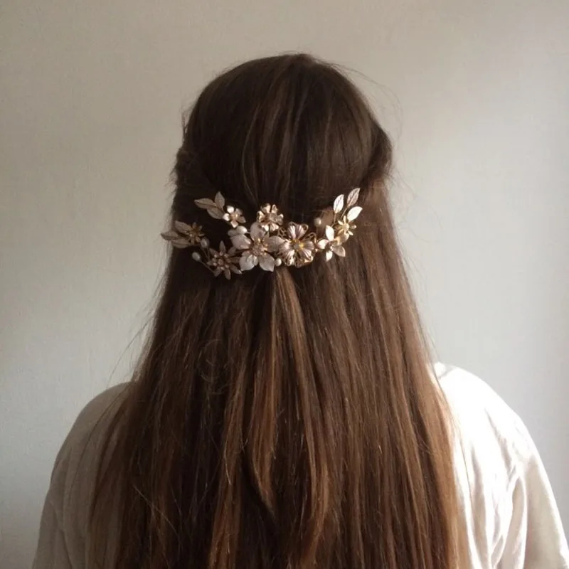 Свадебные заколки для волос SLBRIDAL с жемчужинами и золотистыми кристаллами |