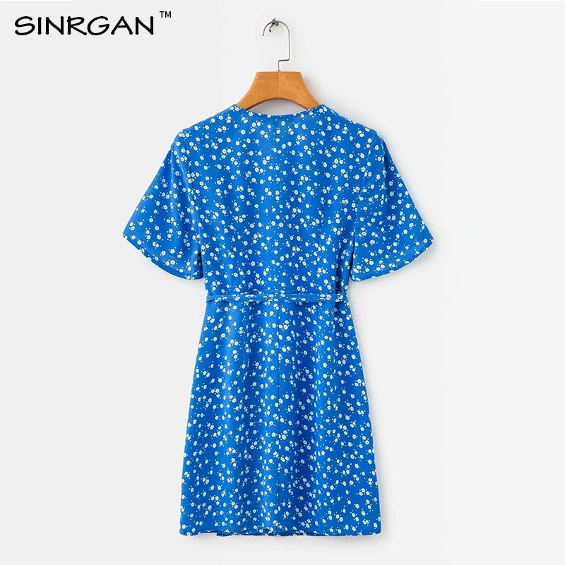SINRGAN с коротким рукавом v образным вырезом boho hohemian цветочным принтом голубое платье для женщины Винтаж мини