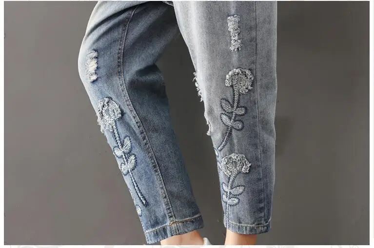 

#4605 Ripped Jeans For Women Fashion Vintage Harem Jeans Loose Plus Size Elastic Waist Washed Distressed Embroidery Floral