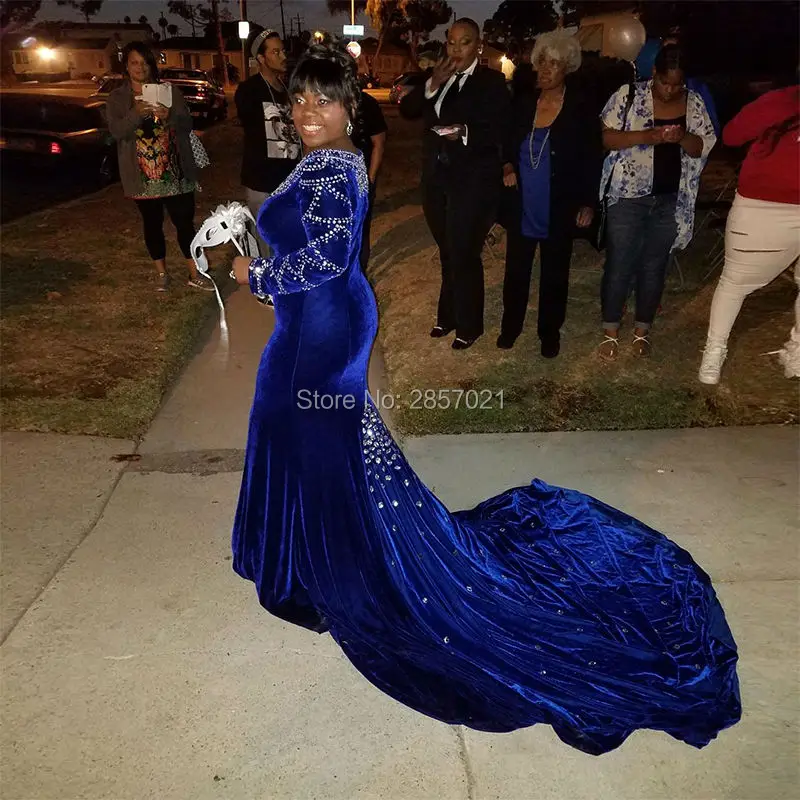 Реальное фото роскошное Королевское синее бархатное вечернее платье на заказ