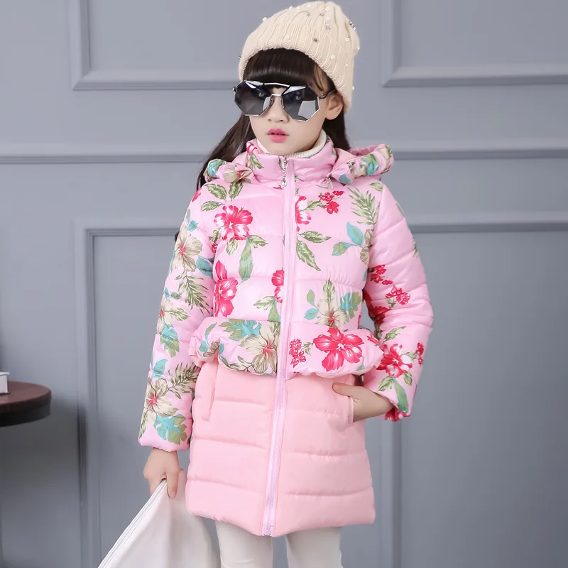 

2019 Kids Baby Hooded Floral Print Girls Winter Coat Long Child Winter Jacket For Girls Cotton-Padded Parkas Down
