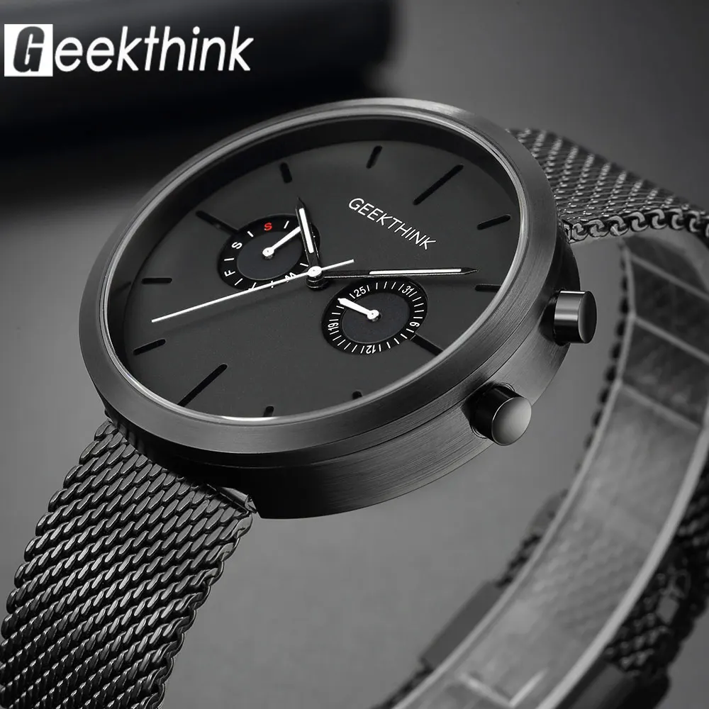 Мужские кварцевые часы GEEKTHINK повседневные из нержавеющей стали черного
