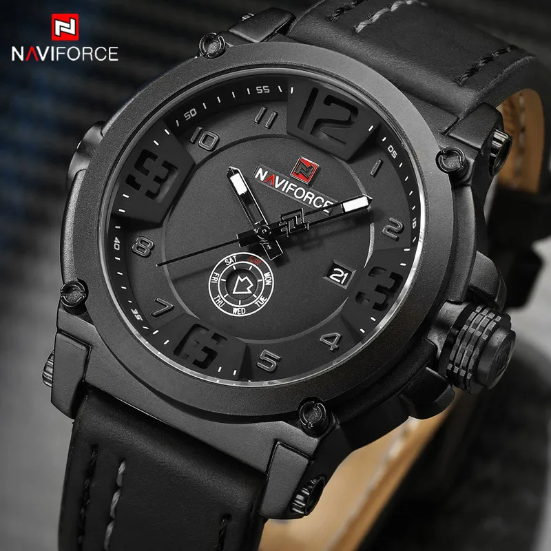 Мужские часы NAVIFORCE, спортивные водонепроницаемые мужские часы, военные армейские деловые кварцевые мужские часы с кожаным ремешком, 9099