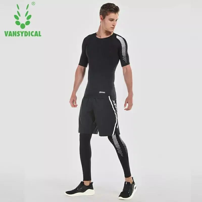 Vansydical, Компрессионные спортивные костюмы, мужские колготки для бега, топ, шорты, наборы, фитнес-костюм, баскетбольная, тренировочная, спортивная одежда