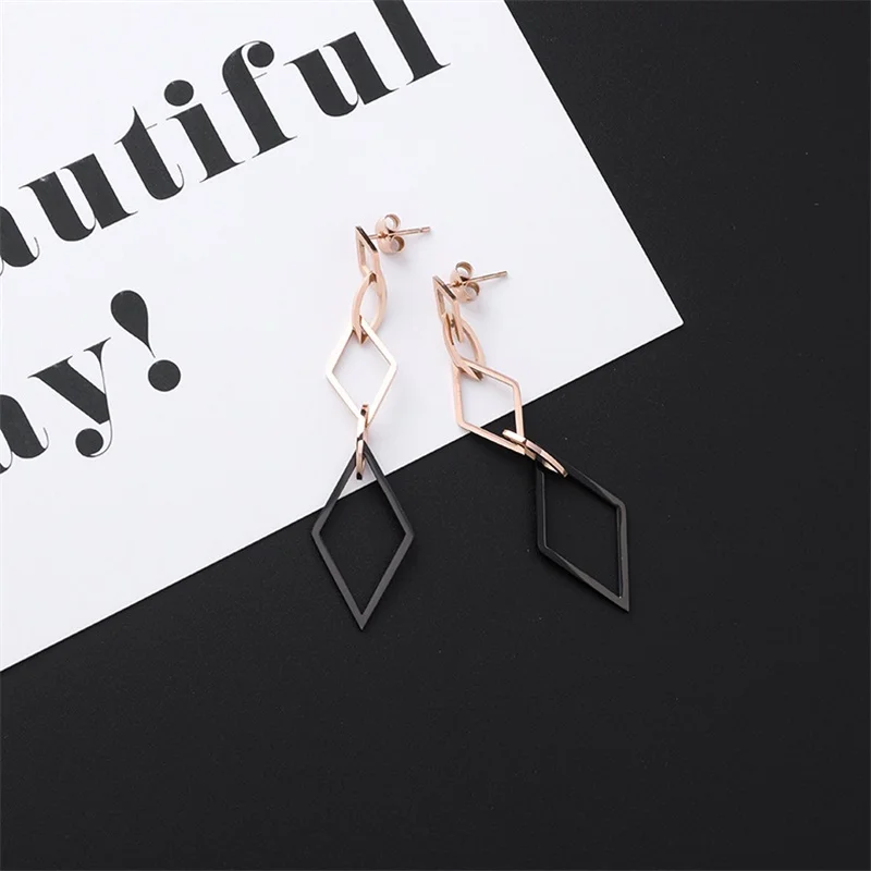 style-6 New Listing Geometric Titanium Steel long Tassel Girl Earrings gold Stainless Steel Triangle leaf Girl Black Jewelry Earrings 1 - Окраска металла: style-6