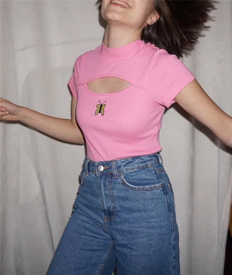 Kawaii cute chic sweet girl cropped pink butterfly embroidery hollow out crop tops short tshirt women | Женская одежда