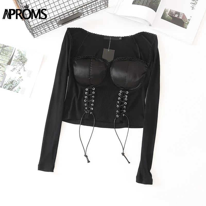 Aproms/Винтажные Блузы с квадратным вырезом и длинными рукавами; рубашки; 90 s; крутая уличная одежда для девочек; летний укороченный топ на шнуровке; Blusas - Цвет: Черный
