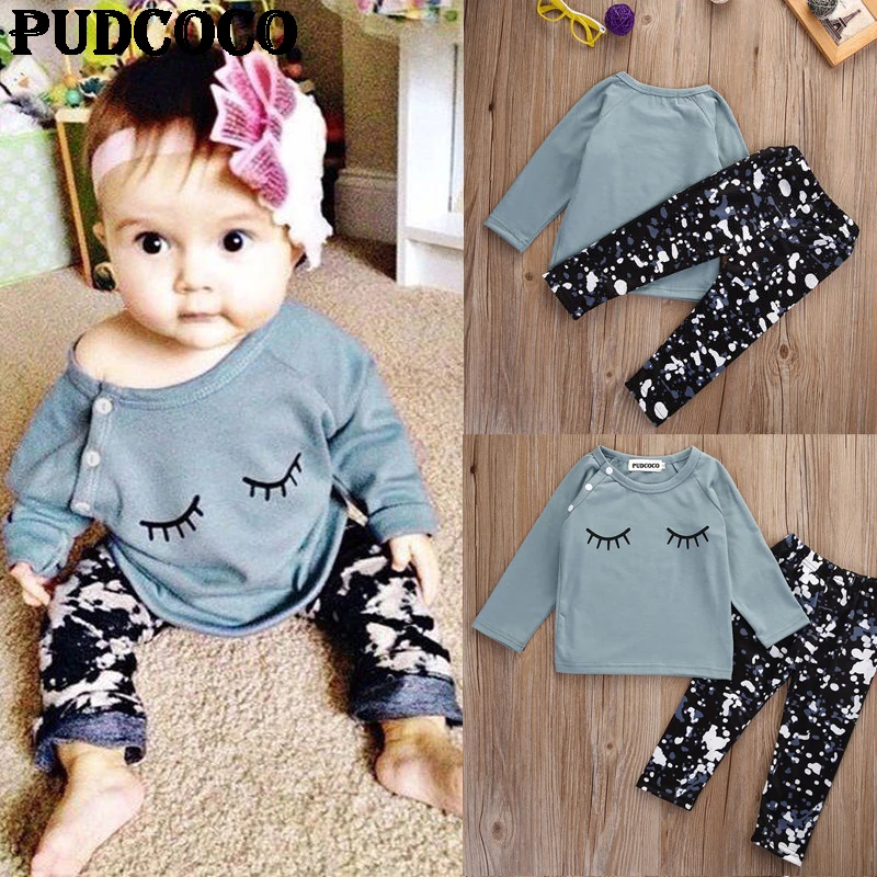 Newborn Infant Baby Girl Boy Clothes T-Shirt Leggings Pants Fashion 2PCS Comfy Outfit Lovely Eyelashes Print Clothing Sets | Детская
