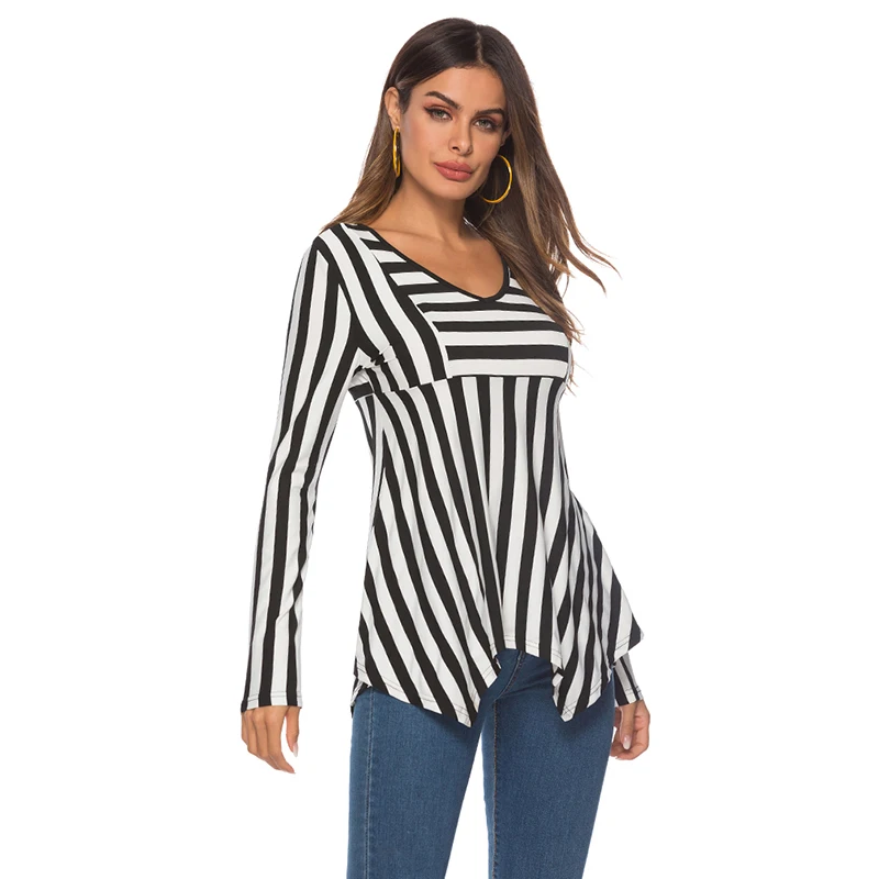 Женская футболка в черно-белую полоску футболки для женщин с длинным рукавом и