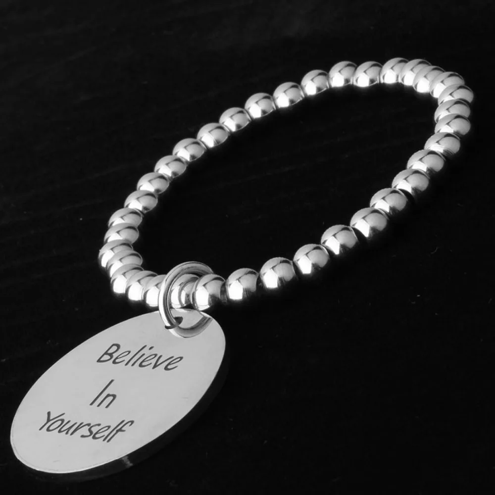New Arrival Fashion Silver Stainless Steel Beaded Ball Handmade Bracelet &quotBelieve in Yourself&quot Round Charm 8mm7.5&quot | Украшения