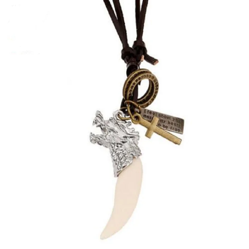 Новый модный серебряный покрытием мужской подвеска-кулон с головой дракона, белым волчьим зубом и кожаным шнуром в стиле шокера.