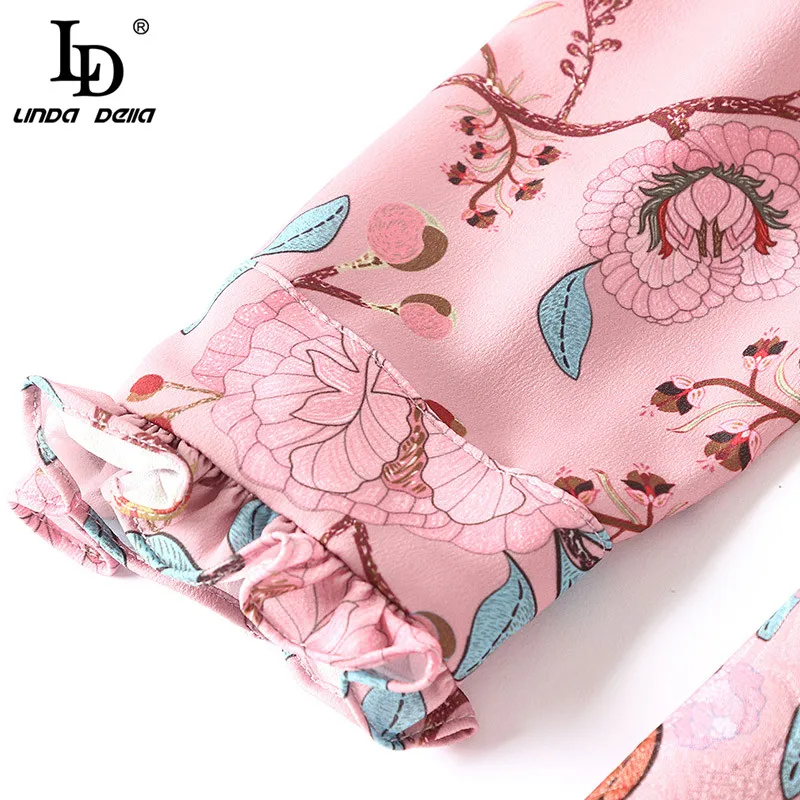 LD LINDA DELLA Spring Fashion Runway Dress Women's Long Sleeve Bow Collar Ruffles Ruched Floral Print Vintage Elegant Dress