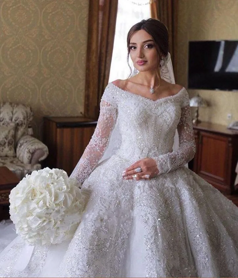 Роскошные свадебные платья с кружевной плиссировкой длинным рукавом и