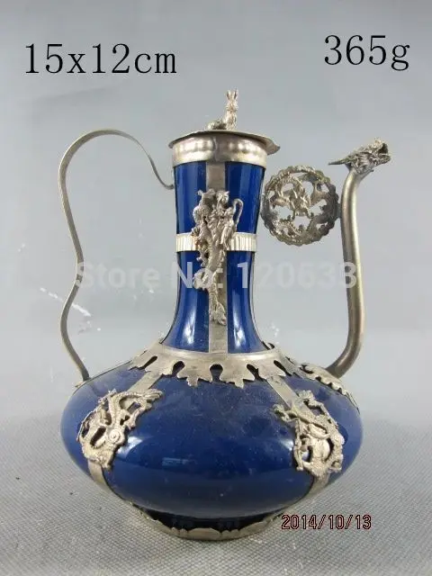 

Тибетское серебро Miao серебра ручной Тибет серебряный дракон искусства синий фарфоровый чайник антикварное украшение для сада 100% Настоящее...