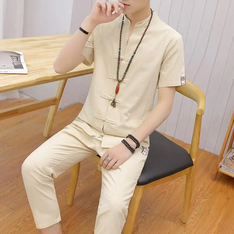Loldeal Short-sleeved Shirt + Nine Pants Men's Suit V-neck Casual Shorts Summer Button Chinese Linen Harajuku | Мужская одежда
