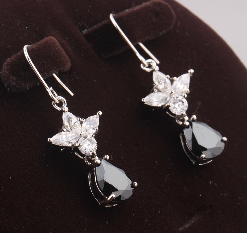 Изысканный грушевидную черный оникс Цирконий 925 серебро модные вечерние