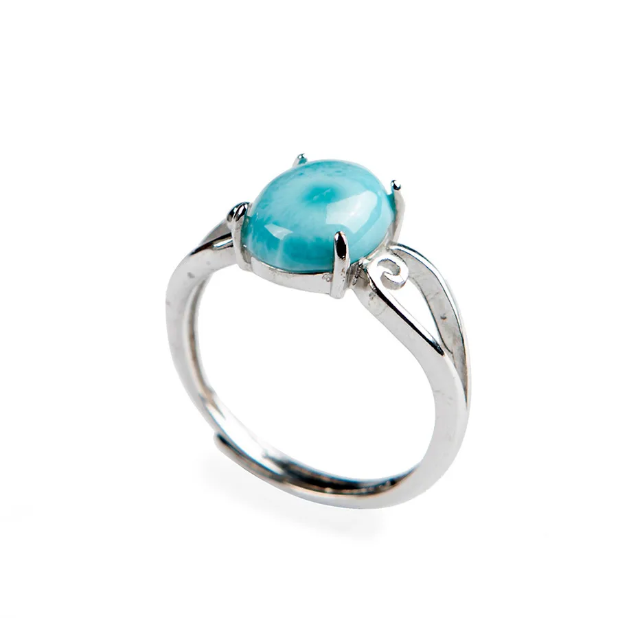 Genuine Natural Larimar Stone Round Beads Fashion Women Party Stering Sliver Ring