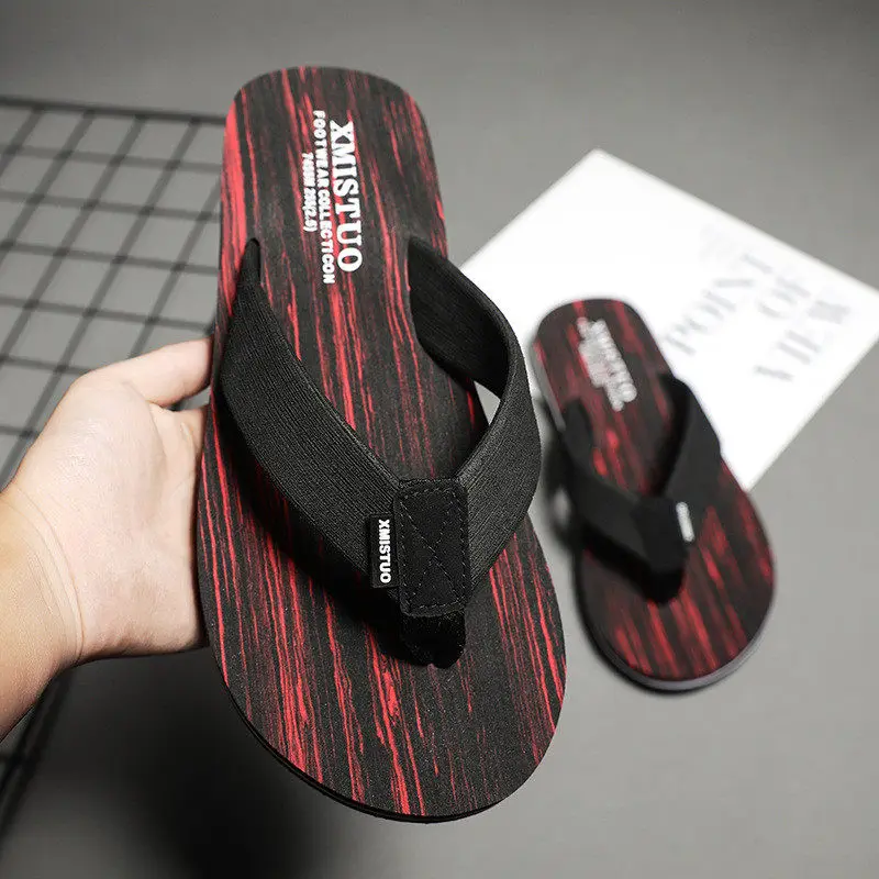 Summer flip flops men's trend Korean version of the personality of the beach shoes students simple casual sandals and slippers - Цвет: black red