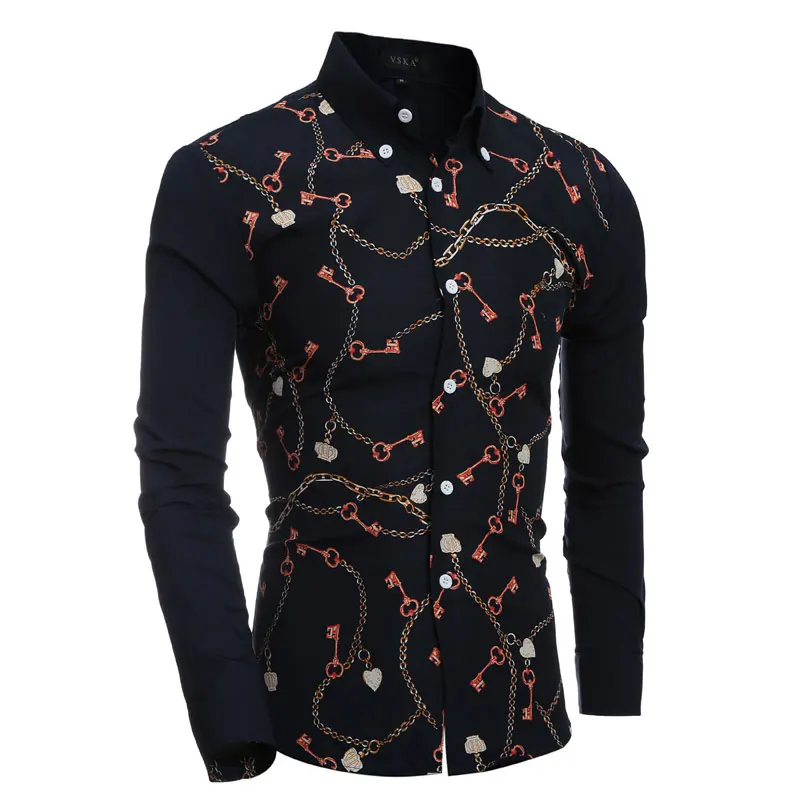 2016 модные мужские рубашки с принтом в виде ключей и цепи приталенные