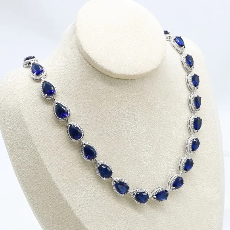 Water Drop 925 Silver Necklace Earrings Set Women Bridal Jewelry Sets Royal Blue Semi-precious Wedding Gift Box