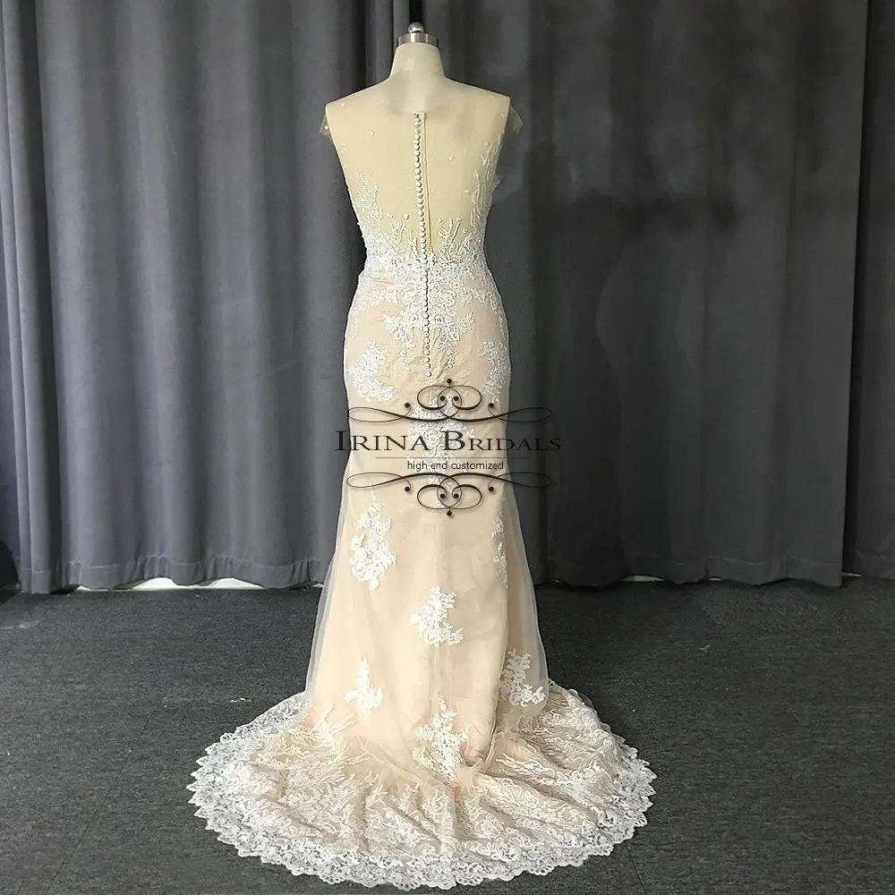 Кружевная аппликация с жемчугом Irina Bridals свадебное платье цвета шампанского со