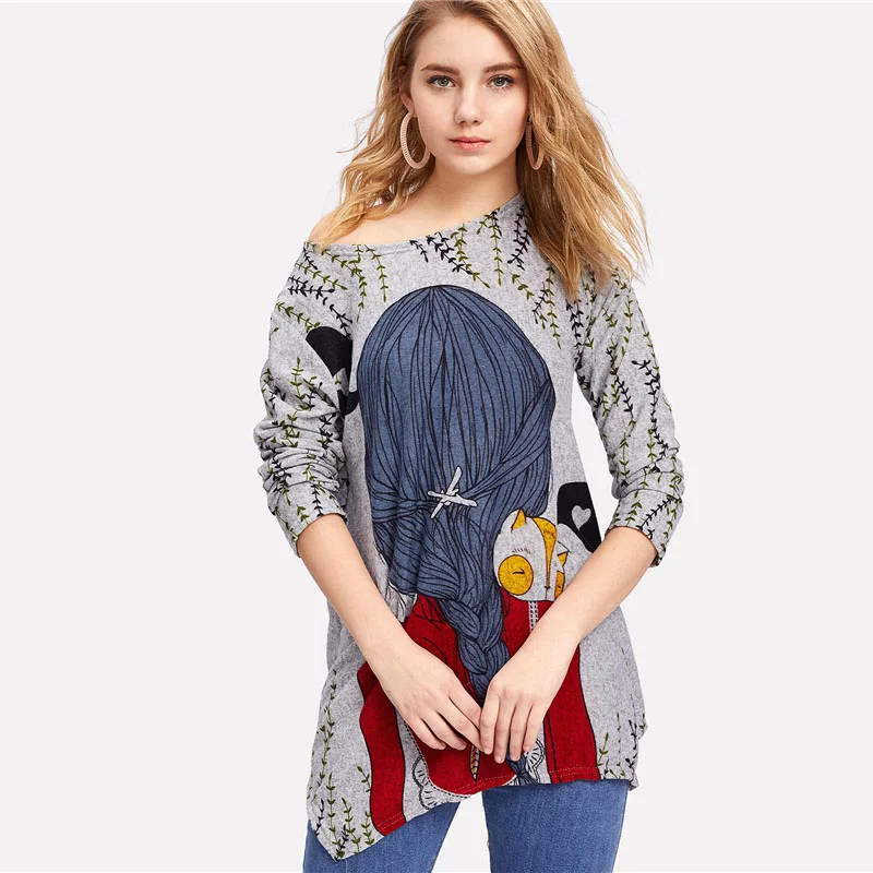 Dotfashion удлиненная футболка с мультяшным принтом на спине, Новое поступление, весенний женский топ с круглым вырезом и длинным рукавом, удлиненная футболка