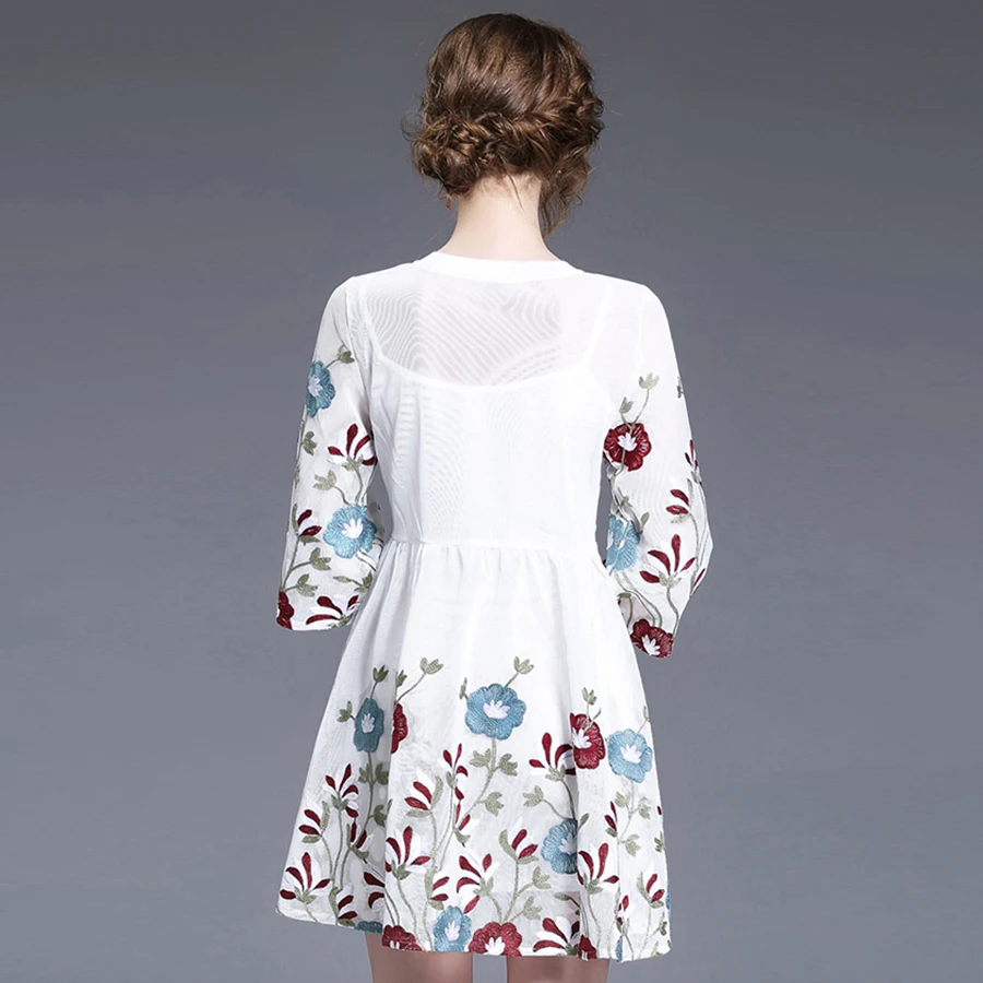 Фея Мини платья Летняя мода Половина рукава сетчатые 2017 белые цветы Вышивка
