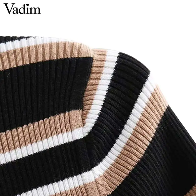 Vadim women chic striped knitted turtleneck sweater long sleeve stretchy pullovers vintage female casual basic tops HA322 | Женская