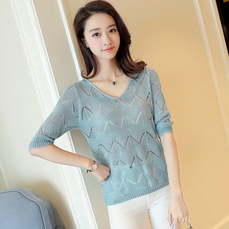 2019 Fashion Knitte Hollow Out Pullover Girls Summer Cool Ladies Pull Sweater Female Half Sleeve Jumper V-Neck Pullovers Tops | Женская