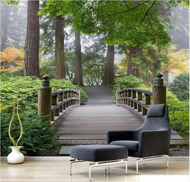 

Настенные 3D-обои на заказ, Современные Настенные обои с изображением зеленого леса, деревянного моста, природного пейзажа, гостиной, домашний декор, для стен