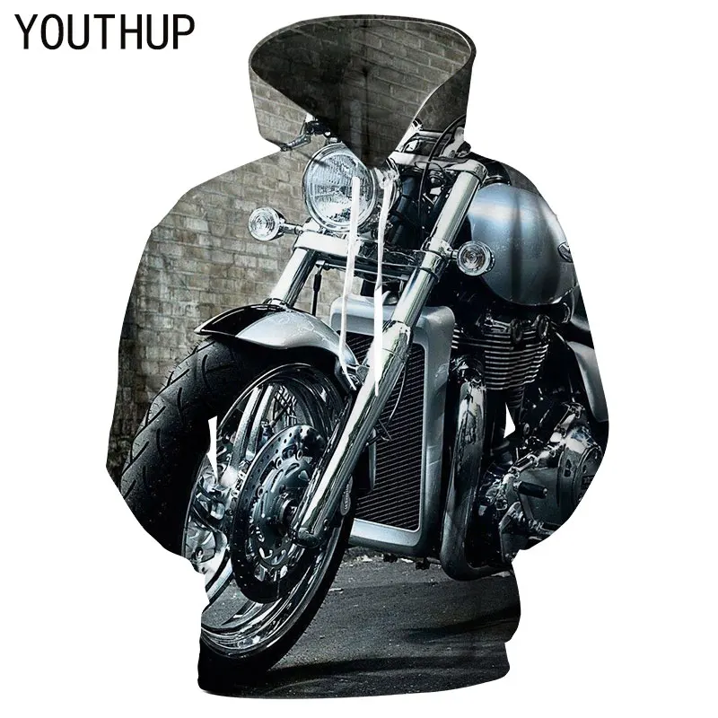 YOUTHUP 2019 3D толстовки мужские с капюшоном мотоцикл принт модные топы пуловеры
